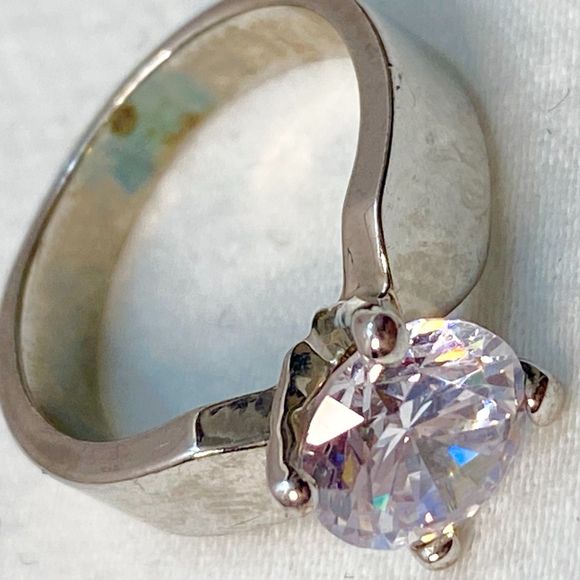 Classic Engagement Ring Faux Diamond Prong Setting Silver Tone - Picture 8 of 9